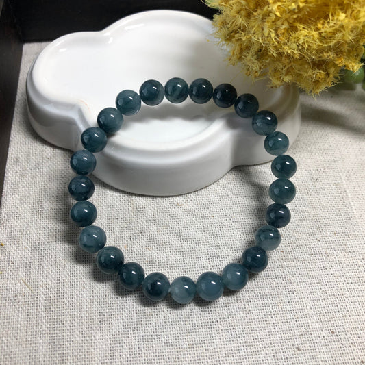 7.2 mm Grade A Blue Float Flowers Jadeite Jade Bead Bracelet 25pcs.