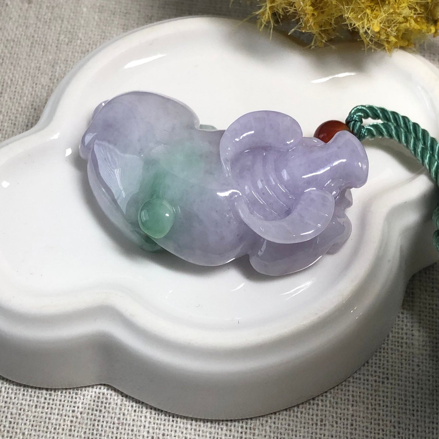43mm Certified Grade A Jadeite Jade Carved Lavender Year of the Cow 2021 Keychain or Pendant Display Figurine
