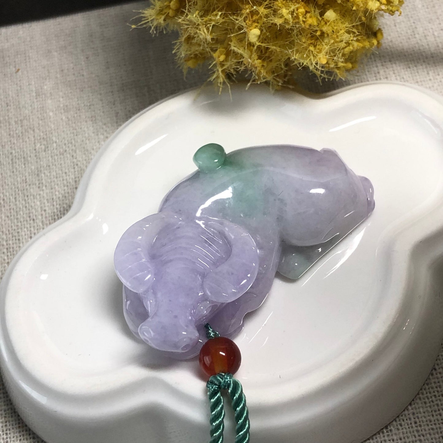 43mm Certified Grade A Jadeite Jade Carved Lavender Year of the Cow 2021 Keychain or Pendant Display Figurine