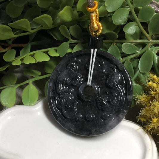 43.9mm Jadeite Jade Icy Wuji Black Carved Round Antique Pendant Medallion