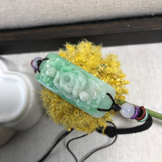 41.8mm Grade A Green Moss Carved Flower Jadeite Jade Rope Bracelet