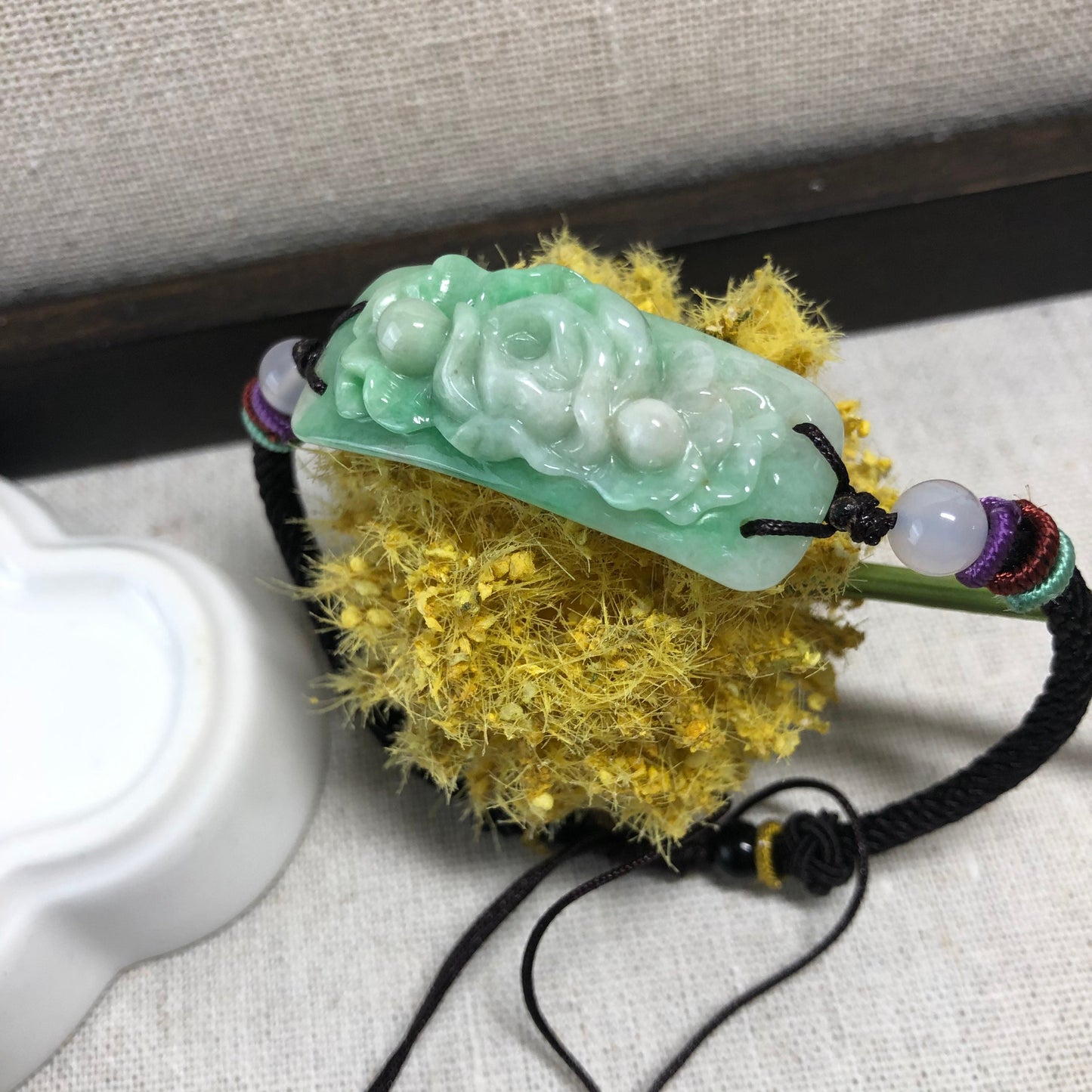 41.8mm Grade A Green Moss Carved Flower Jadeite Jade Rope Bracelet