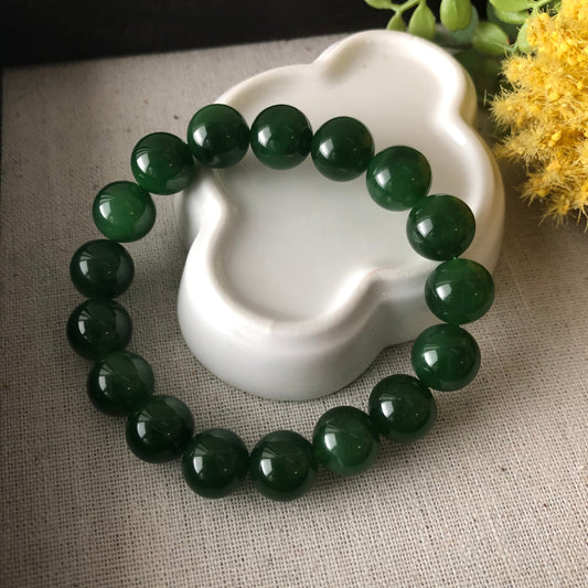 12mm Grade A Hetian Jade Nephrite Imperial Green Round Jadeite Jade Bracelet 17pcs.