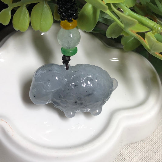 31.4mm Grade A Jadeite Jade Wuji Carved Lamb Sheep Ram Keychain or Pendant Display Figurine