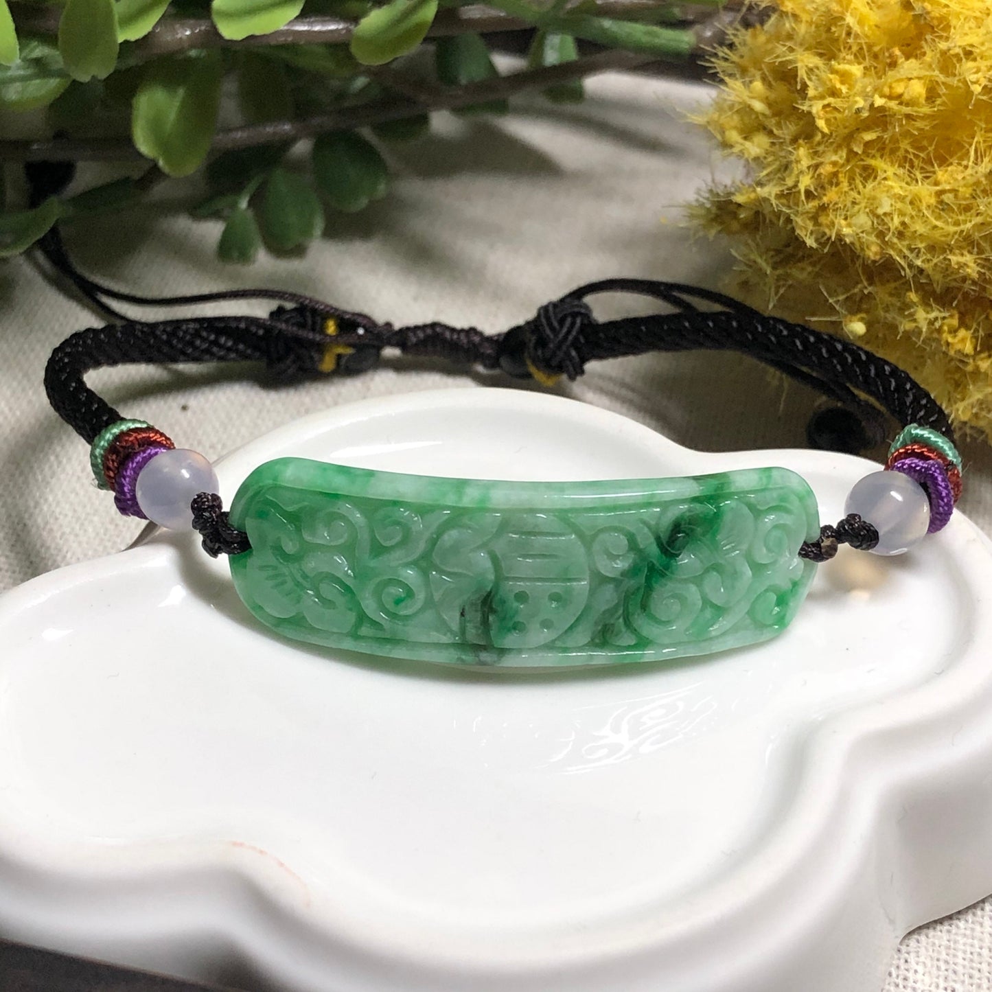 44.6mm Grade A Green Moss Carved Flower Jadeite Jade Rope Bracelet