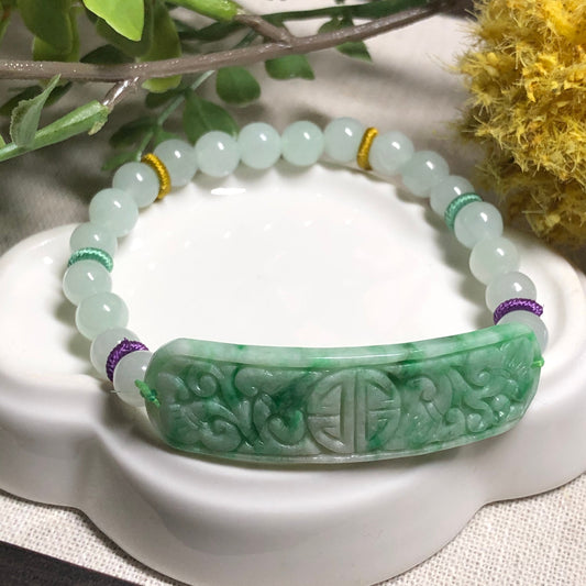 48.5mm Grade A Green Moss Carved Flower Jadeite Jade Bead Bracelet