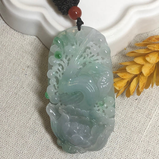 56.7mm 3D Green Moss Carved Flowers Leaf Jade Jadeite