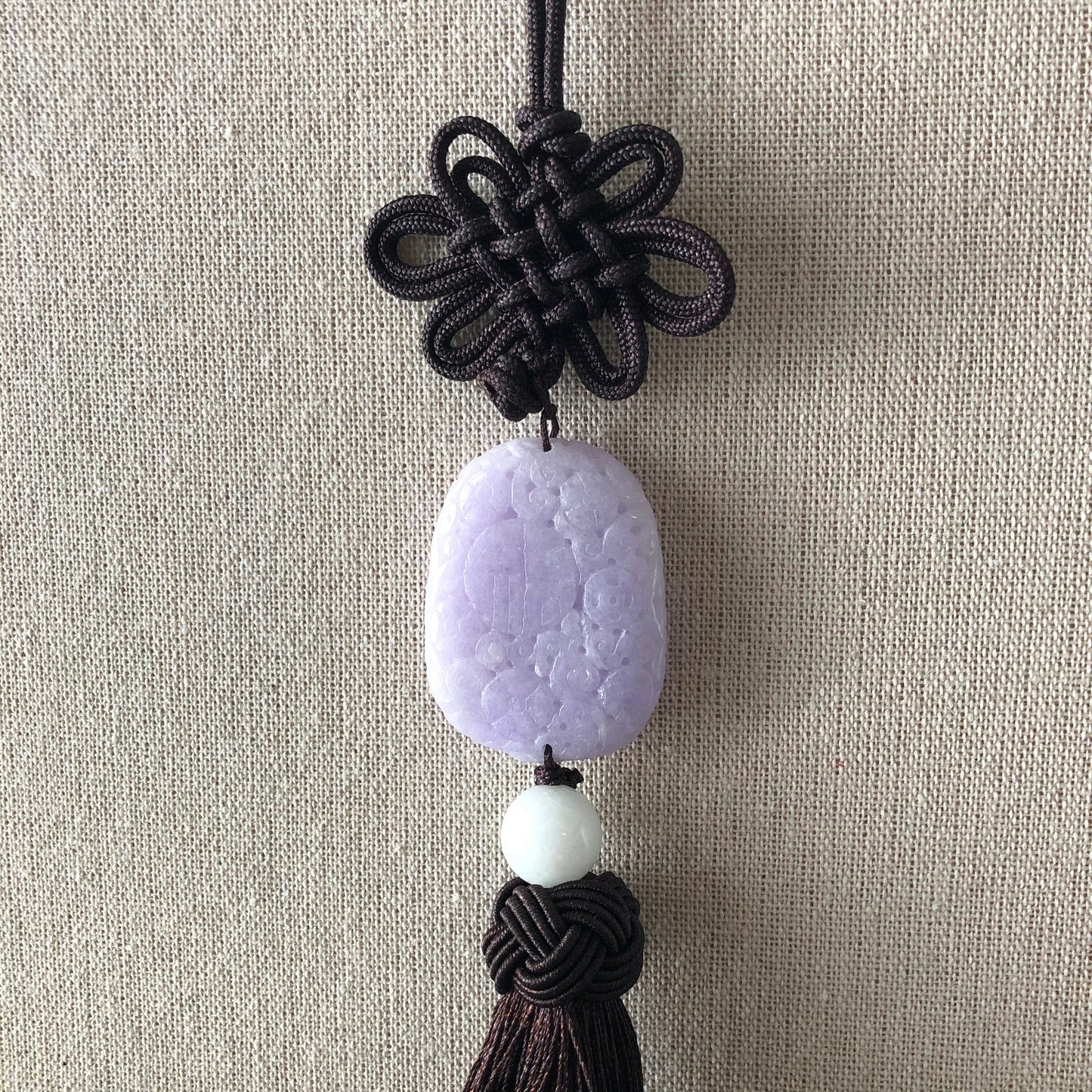 42mm Jadeite Jade Carved Asian Pattern Lavender Floral Keychain Charm Antique Look Design