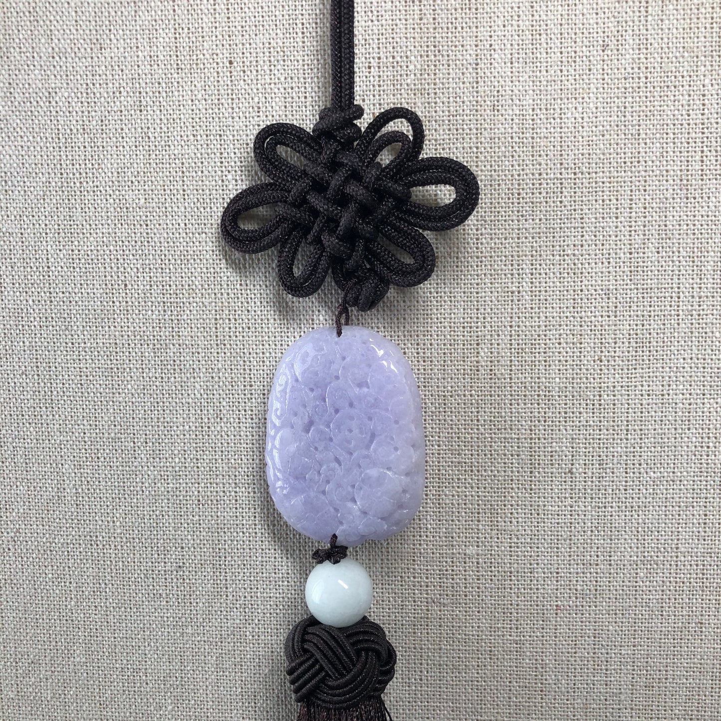 42mm Jadeite Jade Carved Asian Pattern Lavender Floral Keychain Charm Antique Look Design