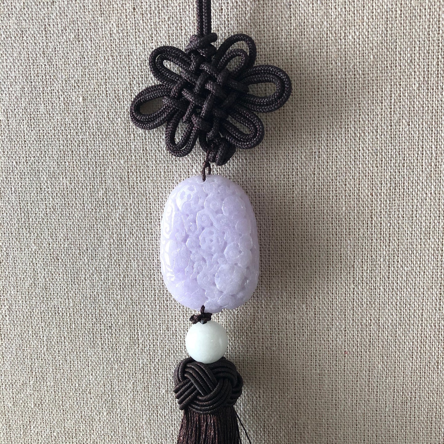 42mm Jadeite Jade Carved Asian Pattern Lavender Floral Keychain Charm Antique Look Design