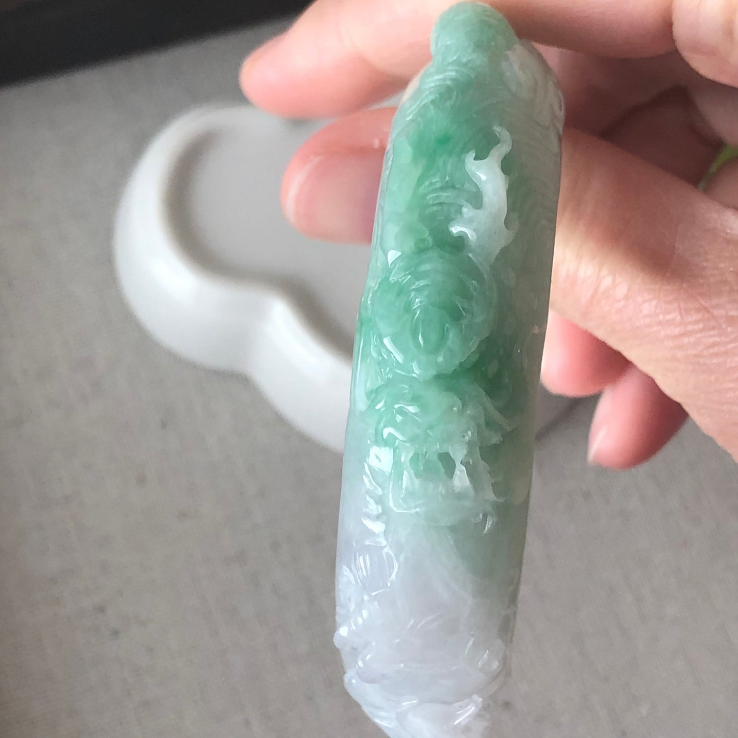 SALE: 55mm Grade A Carved Icy Yang Green Dragone Phoenix Jadeite Jade Bangle RARE