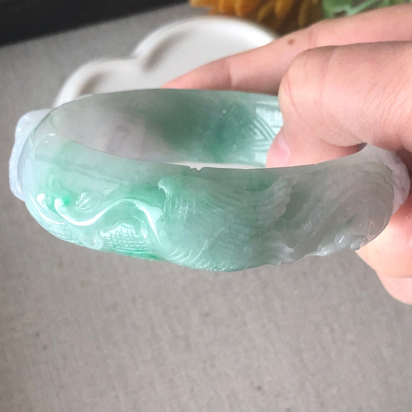 SALE: 55mm Grade A Carved Icy Yang Green Dragone Phoenix Jadeite Jade Bangle RARE
