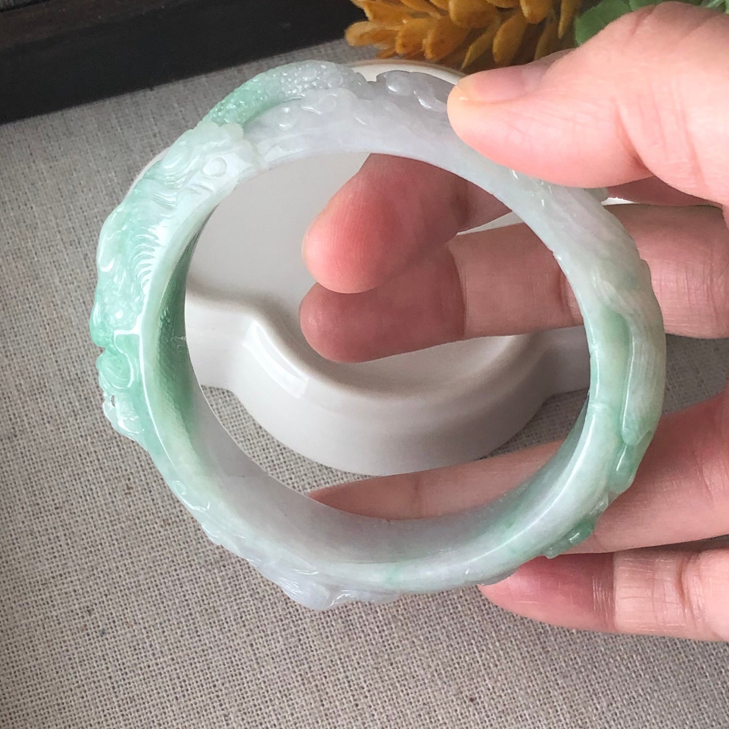 SALE: 55mm Grade A Carved Icy Yang Green Dragone Phoenix Jadeite Jade Bangle RARE