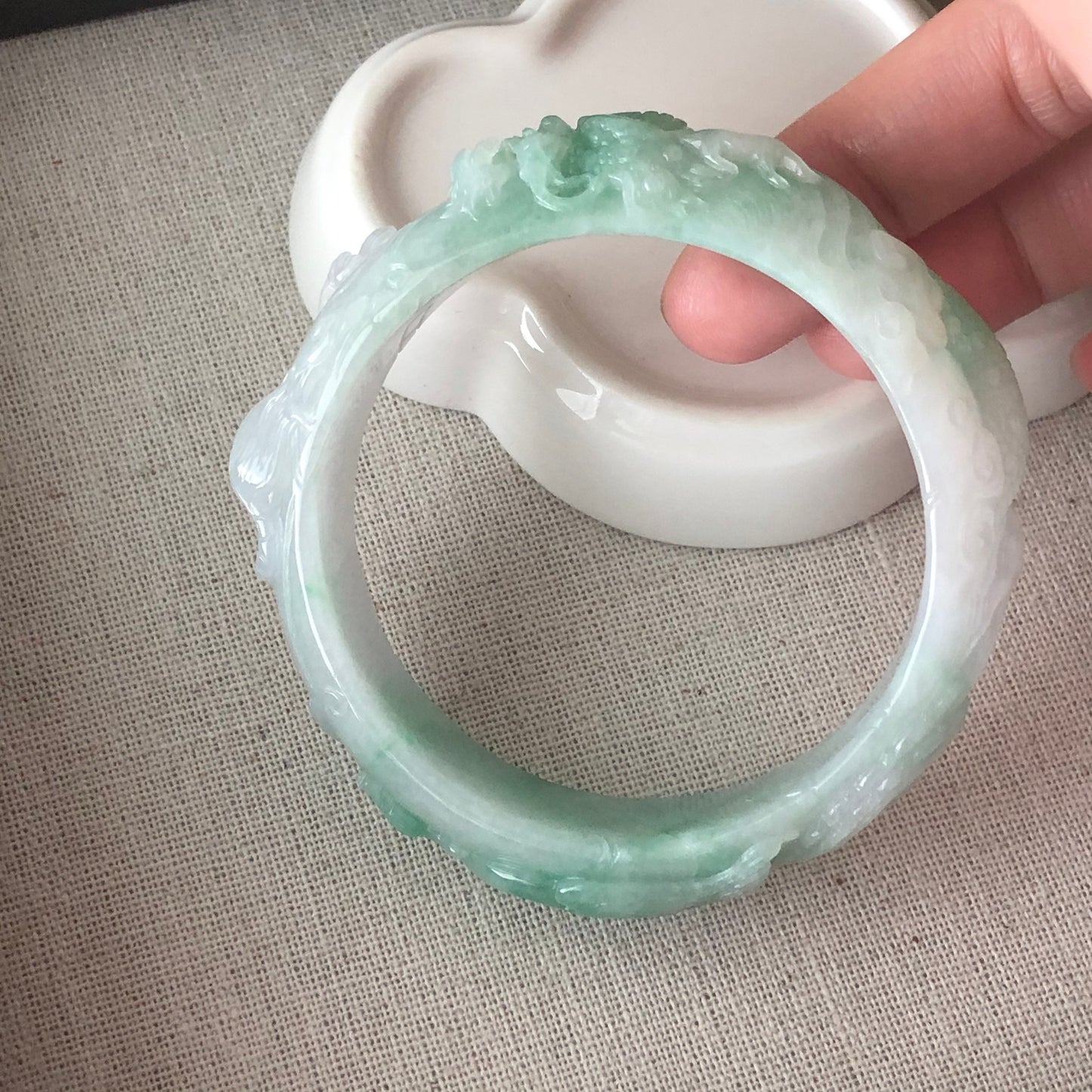 SALE: 55mm Grade A Carved Icy Yang Green Dragone Phoenix Jadeite Jade Bangle RARE