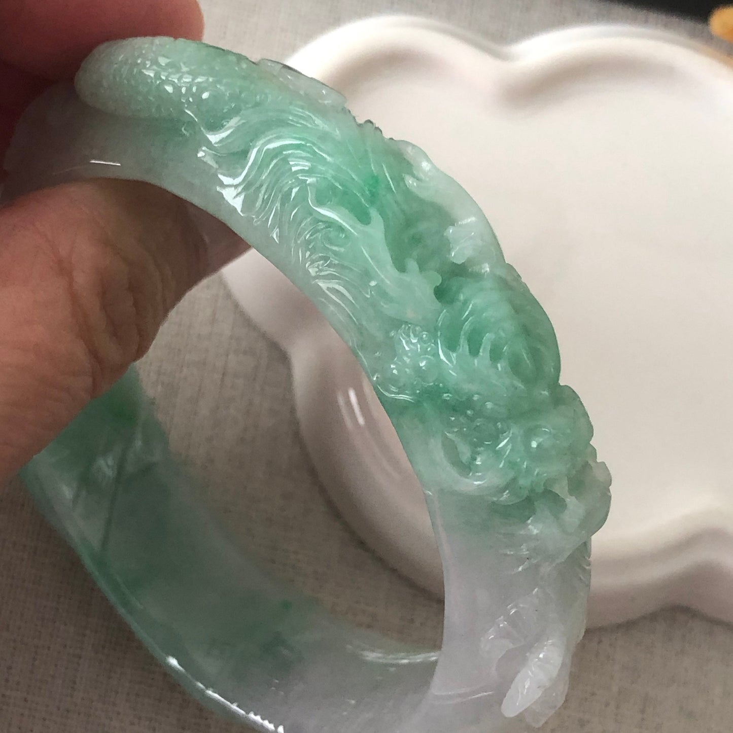 SALE: 55mm Grade A Carved Icy Yang Green Dragone Phoenix Jadeite Jade Bangle RARE