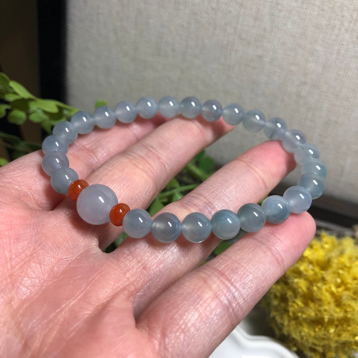 7 mm Grade A Icy Sky Blue Green Float Flowers Round Jadeite Jade Bead Bracelet 25 pcs.