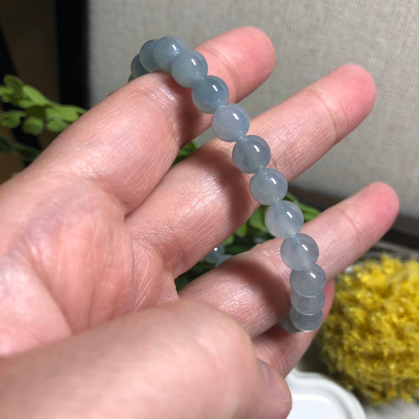 7 mm Grade A Icy Sky Blue Green Float Flowers Round Jadeite Jade Bead Bracelet 25 pcs.