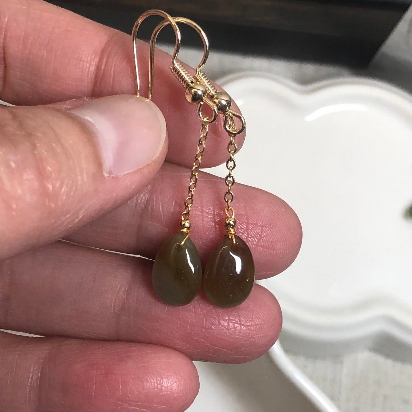 14K Grade A Jadeite Earthy Yellow Brown Dainty Drop Dangling Earrings