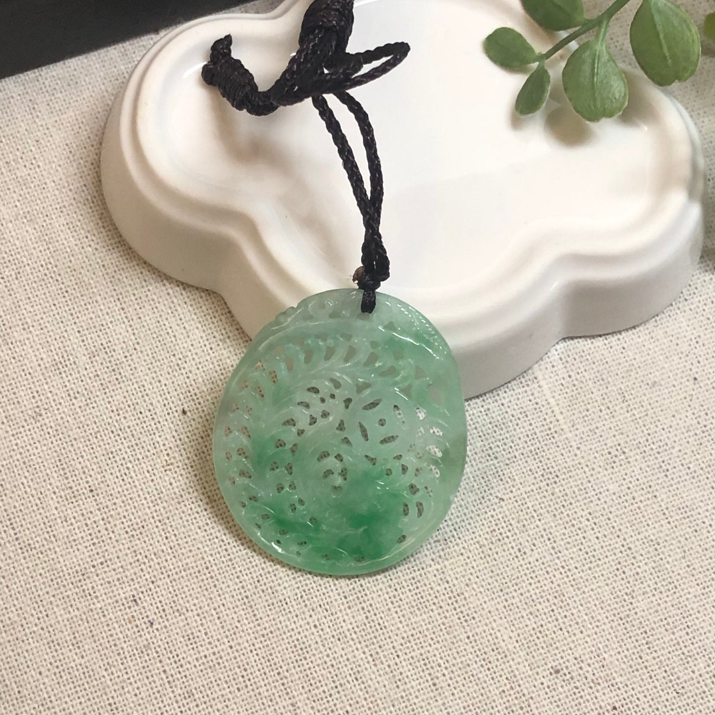 40mm Green Moss Carved Coin Leaf Jade Jadeite Pendant