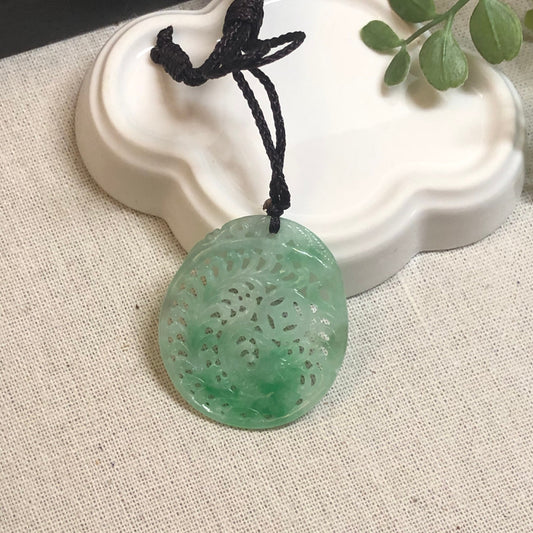 40mm Green Moss Carved Coin Leaf Jade Jadeite Pendant