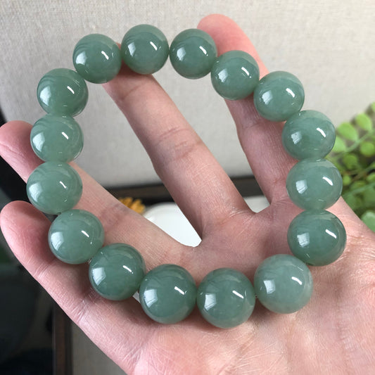 14.6mm Jade Jadeite Green Round Bead Bracelet 16pcs.