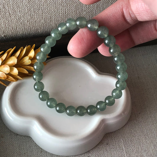 7mm Jade Jadeite Icy Tea Green Glossy  Round Bead Bracelet 24pcs.