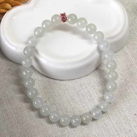 7mm Jade Jadeite Icy Tint Green Glossy  Round Bead Bracelet 27pcs.