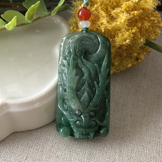 50.3 mm Grade A  Green Carved Jadeite Jade Dragon Pendant