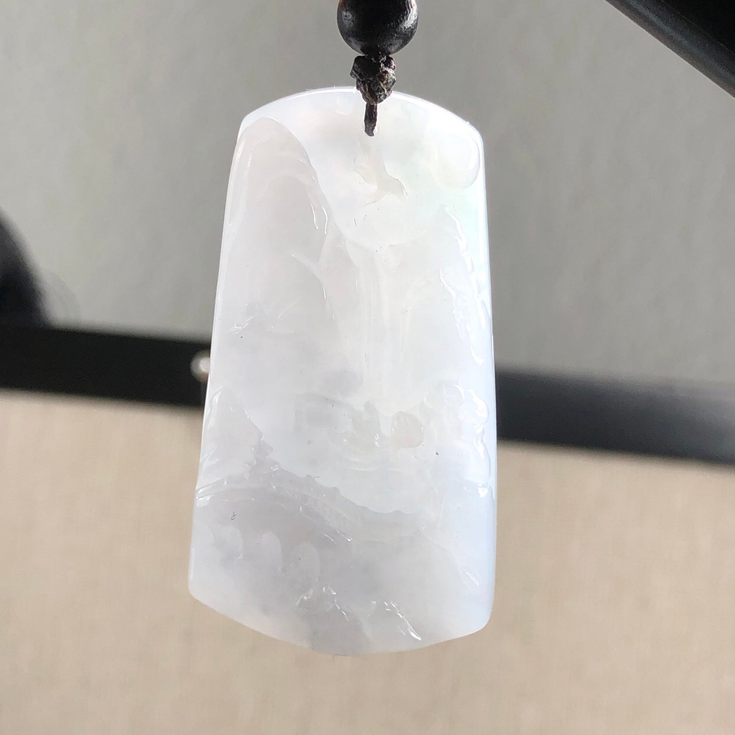 48.5mm Jadeite Jade Icy Fine Glutinous Carved Landscape Scenery Pendant Neck Rope Tie
