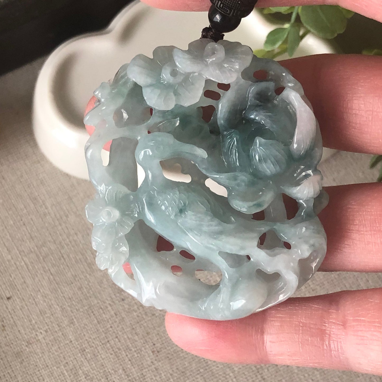 54mm Jadeite Jade Green 3D Carved Bird of Paradise Flowers Pendant RARE