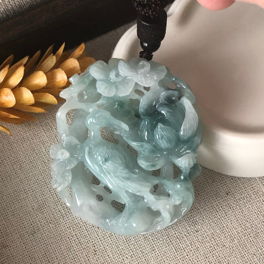 54mm Jadeite Jade Green 3D Carved Bird of Paradise Flowers Pendant RARE