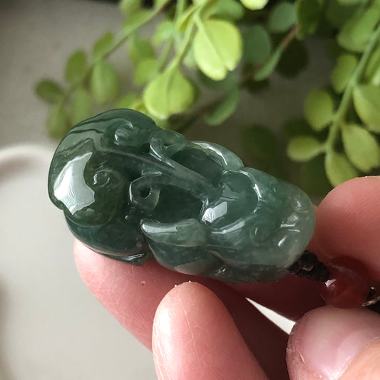 SALE: 34 mm Grade A Blue Green Jade Jadeite Carved Pixiu Ruyi Tail Pendant Display