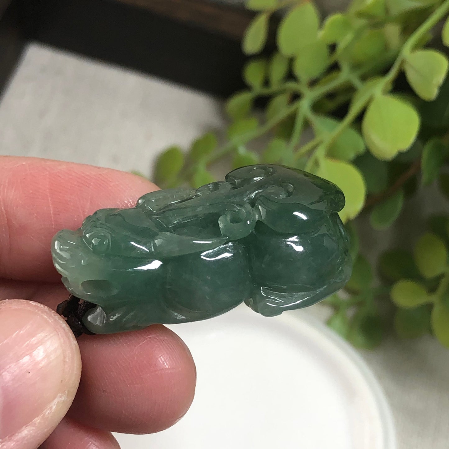 SALE: 34 mm Grade A Blue Green Jade Jadeite Carved Pixiu Ruyi Tail Pendant Display