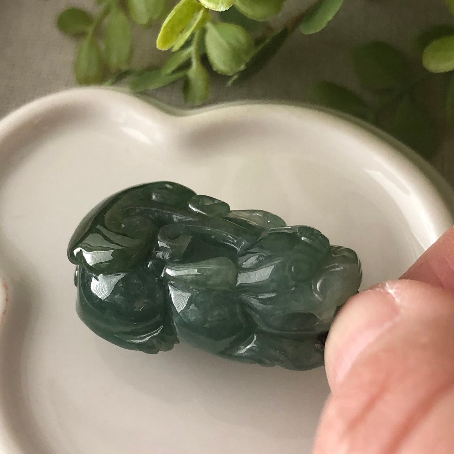 SALE: 34 mm Grade A Blue Green Jade Jadeite Carved Pixiu Ruyi Tail Pendant Display