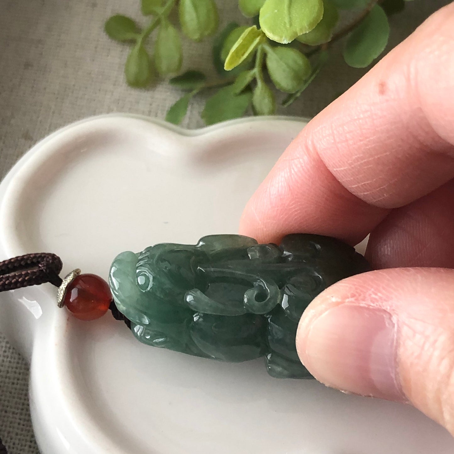 SALE: 34 mm Grade A Blue Green Jade Jadeite Carved Pixiu Ruyi Tail Pendant Display