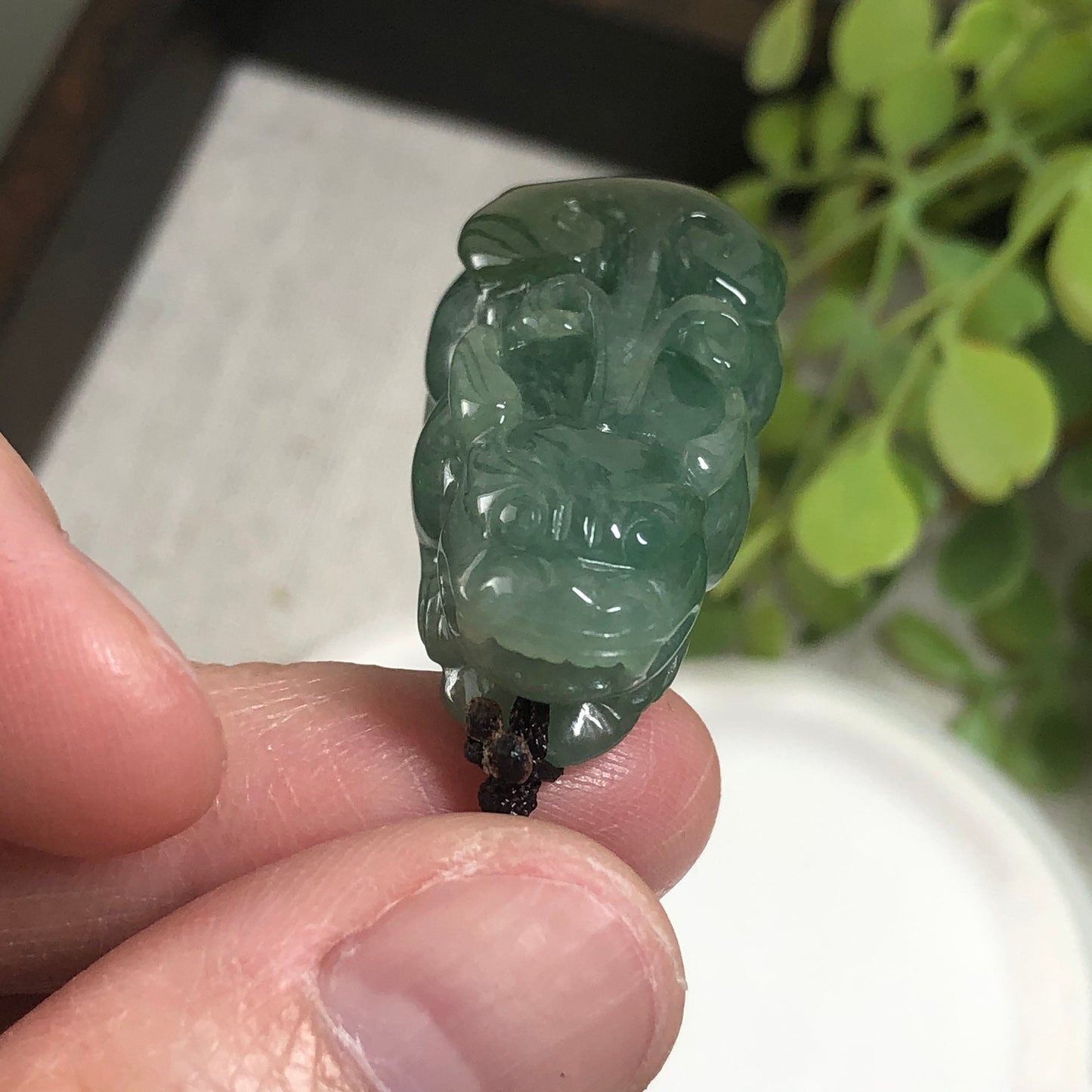 SALE: 34 mm Grade A Blue Green Jade Jadeite Carved Pixiu Ruyi Tail Pendant Display