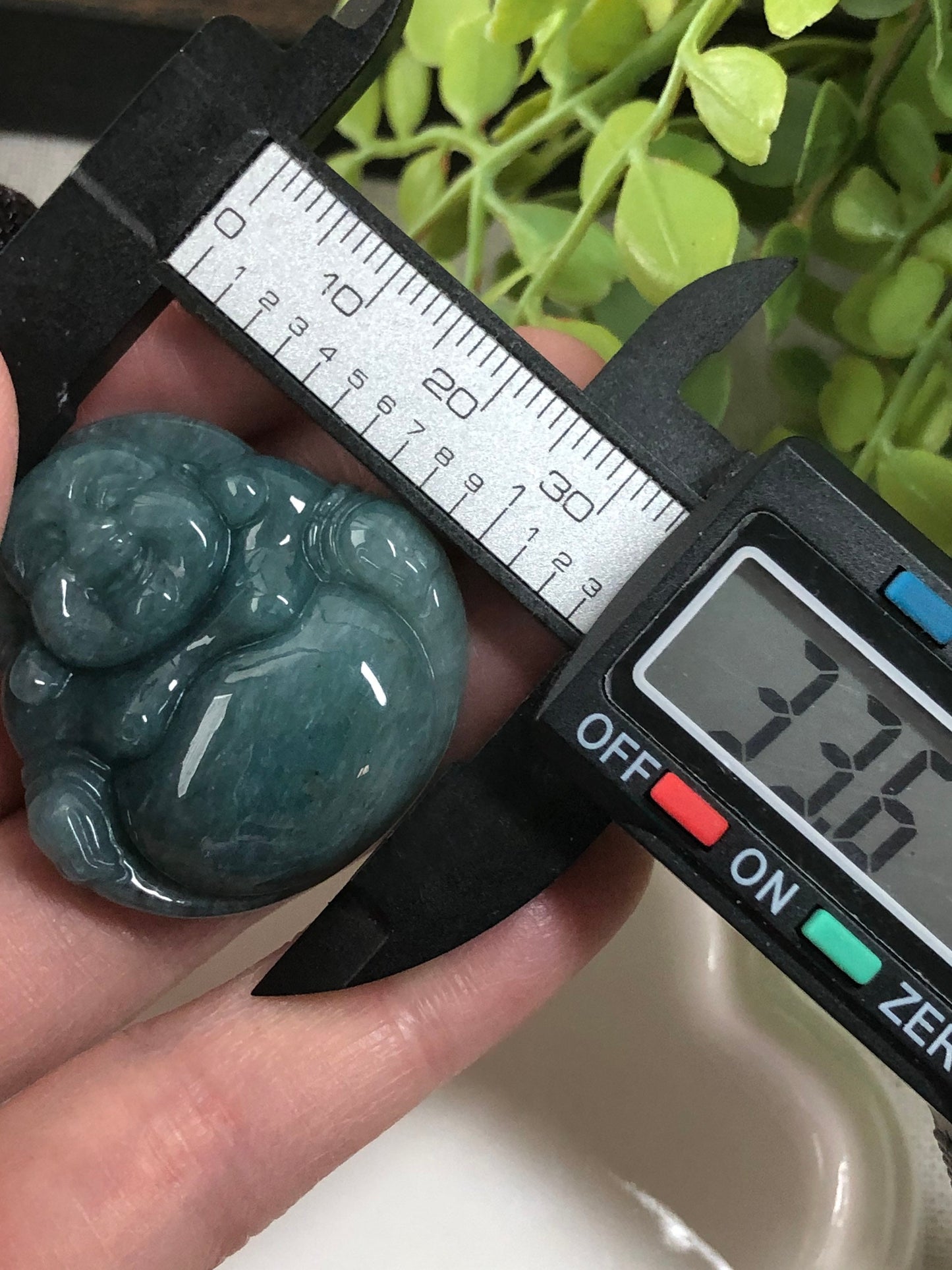 33.3 mm Grade A Blue Green Jade Jadeite Carved Happy Buddha Pendant