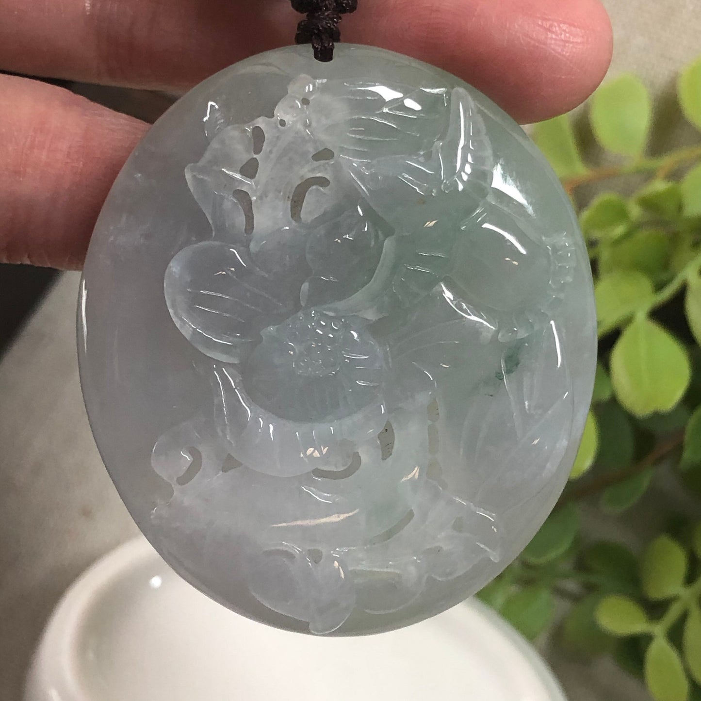 50.5mm Grade A 3D Carved Jadeite Jade Bird Flower Scenery Pendant Medallion