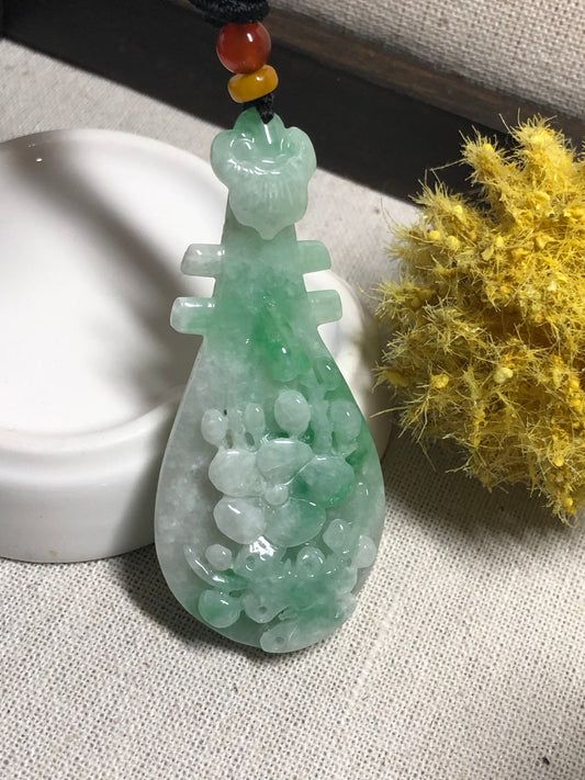 60mm Jadeite Jade Green Moss Carved Chinese Instrument Floral Paddle Pendant