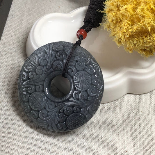 51.4mm Grade A  Wuji Jade Jadeite Peace DONUT Carved Asian Pattern Design Pendant Neck Rope Tie