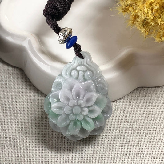 35.5mm Grade A Greenish Lavender Jade Jadeite Carved Floral Design Pendant Neck Rope Tie