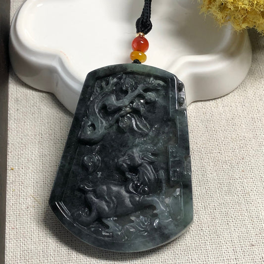 SALE: 61.6mm Jadeite Jade Wuji Black Carved Ram Mountain Scene Pendant