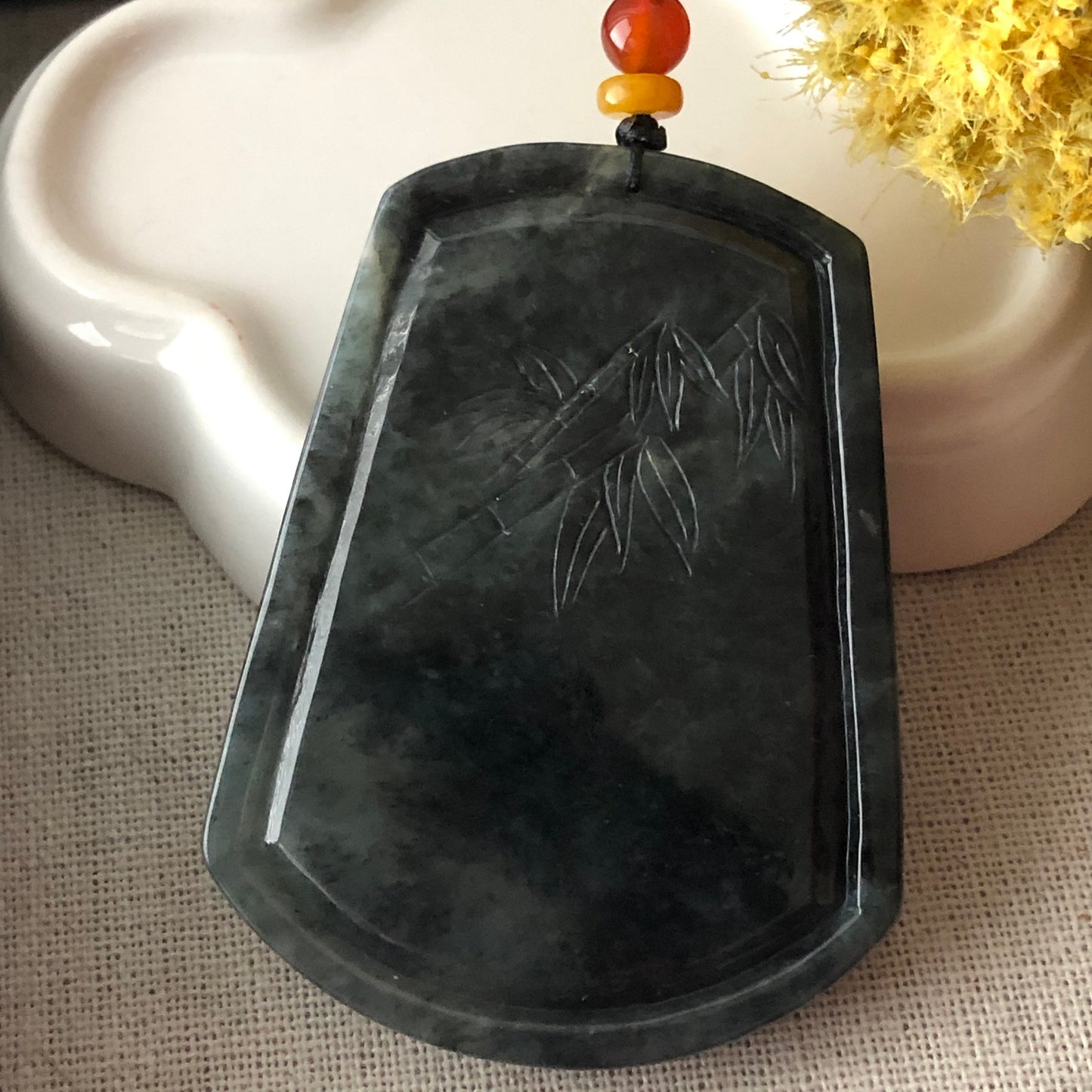 SALE: 61.6mm Jadeite Jade Wuji Black Carved Ram Mountain Scene Pendant