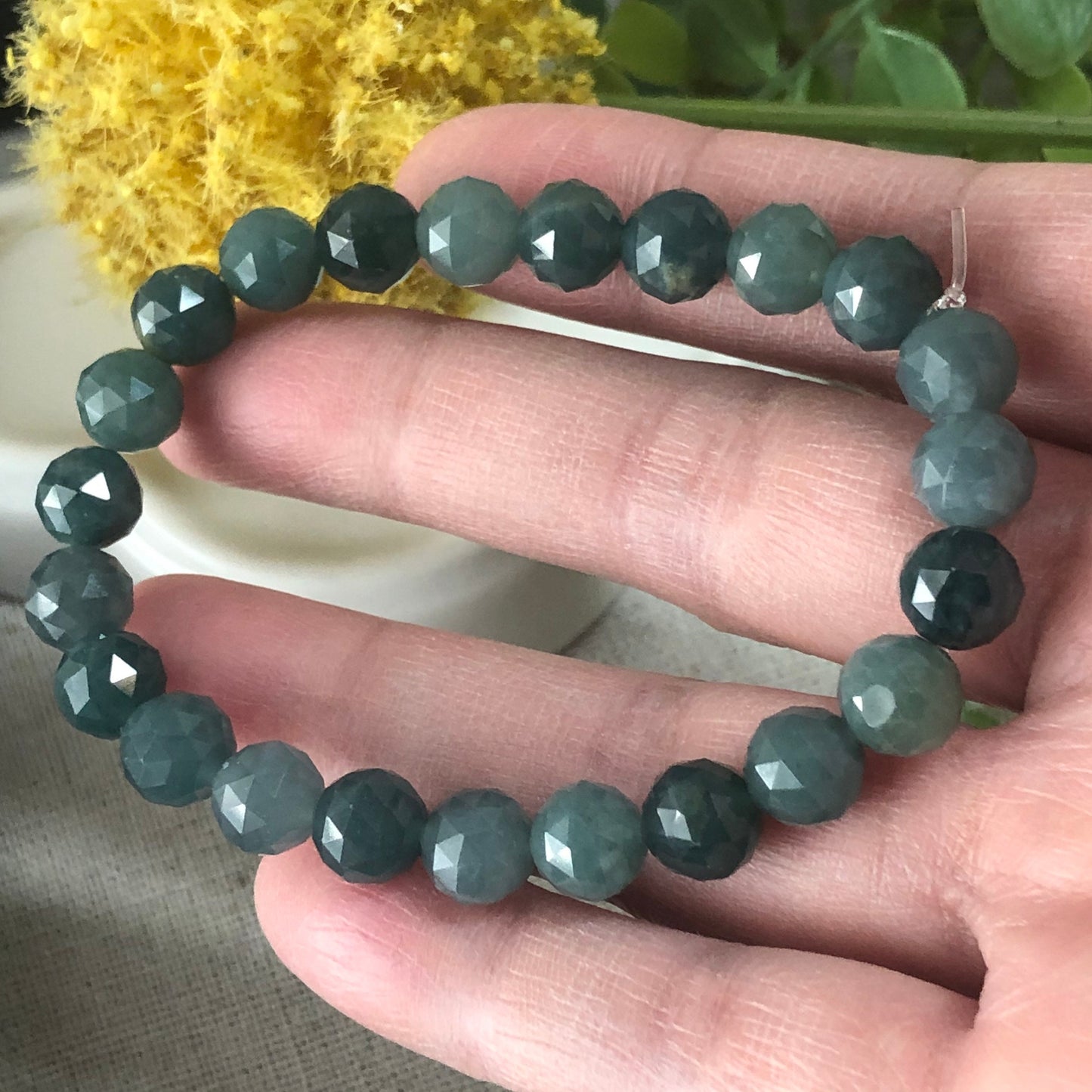 7.7 mm Diamond Cut Blue Green Jadeite Jade Bead Bracelet 7.7 mm x 23 pcs.