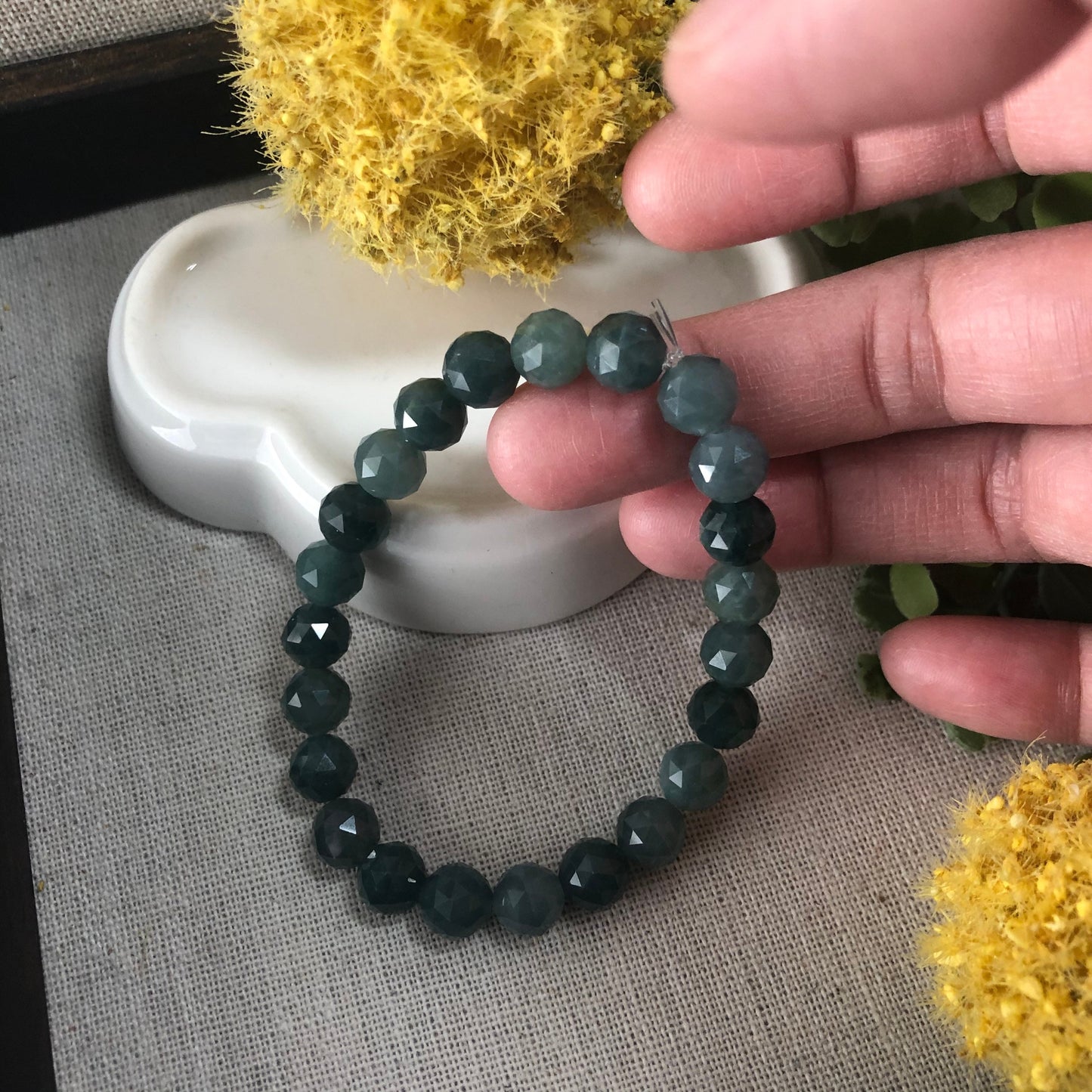 7.7 mm Diamond Cut Blue Green Jadeite Jade Bead Bracelet 7.7 mm x 23 pcs.