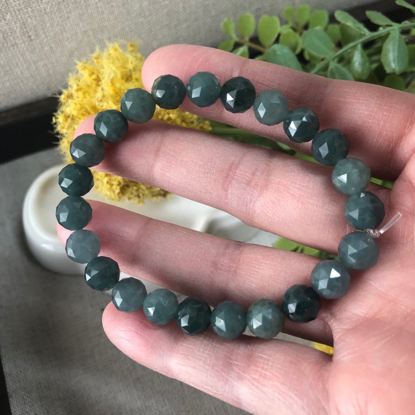 7.7 mm Diamond Cut Blue Green Jadeite Jade Bead Bracelet 7.7 mm x 23 pcs.