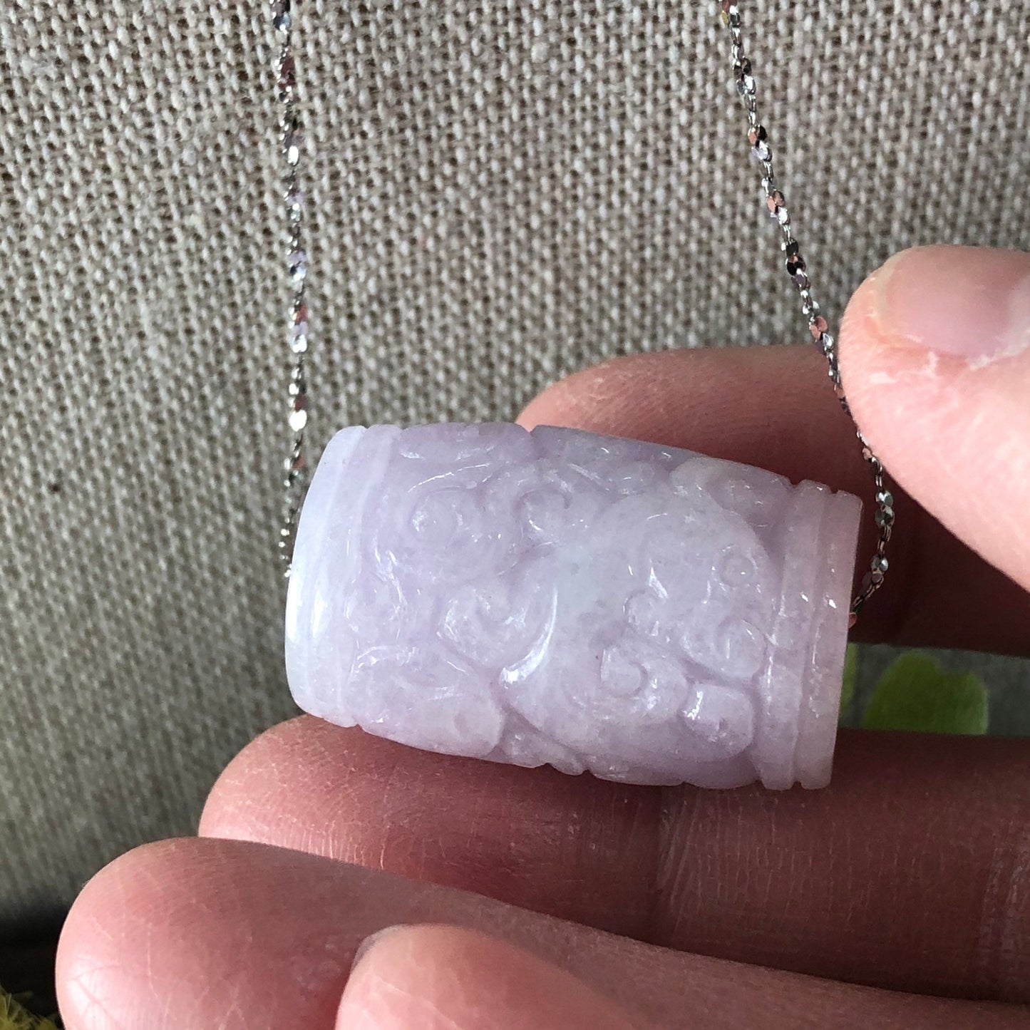 26.6mm Jadeite Jade Carved Asian Pattern Barrel Lavender Pendant Bead 925 necklace