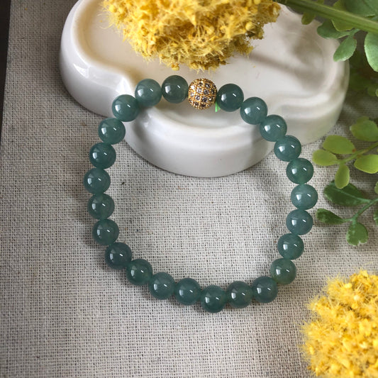7.4 mm Icy Blue Green Jadeite Jade Bead Bracelet 7.4 mm x 24 pcs.