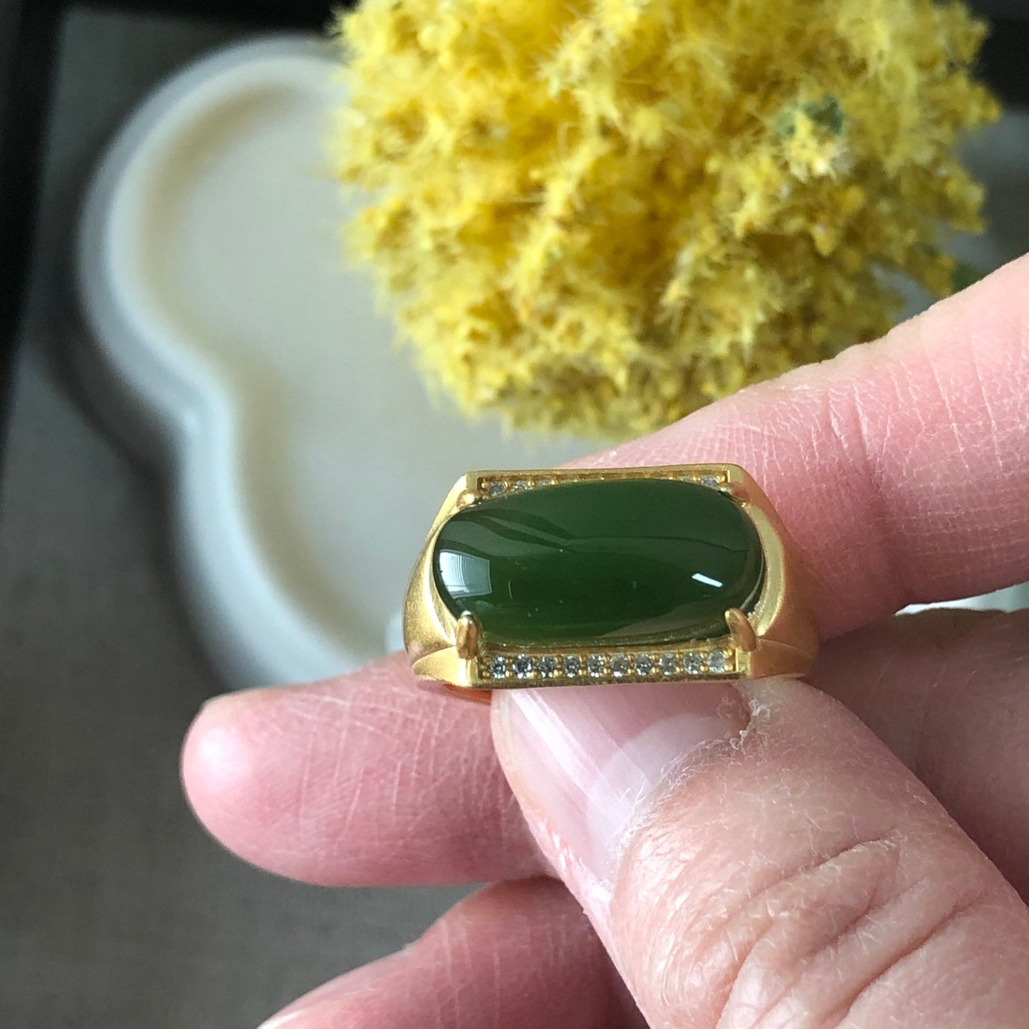 NEW Grade A Green Horse Eye Hetian Jade Ring 925S sterling gold silver One Size