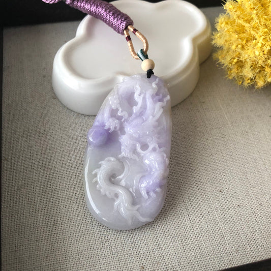 63.4mm Jadeite Jade Icy Light Lavender Fine Glutinous Carved Dragon Pendant
